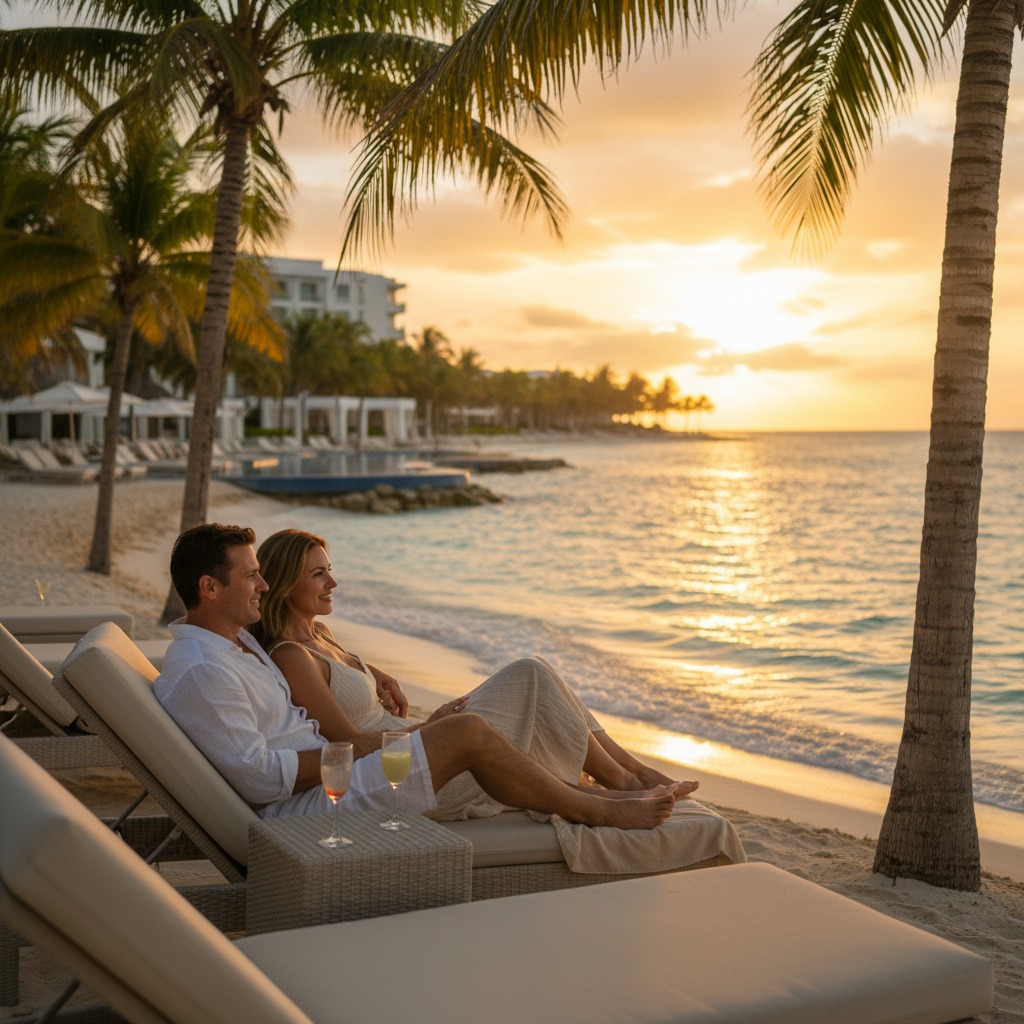 Romantic weekend getaway in Cancun: a couple (adult man and woman) relaxing by a turquoise Caribbean beach at golden hour, soft warm sunlight, palm trees, gentle waves, upscale resort vibe, candid natural pose, travel photography style, high resolution, vibrant but realistic colors, no text, no logos.