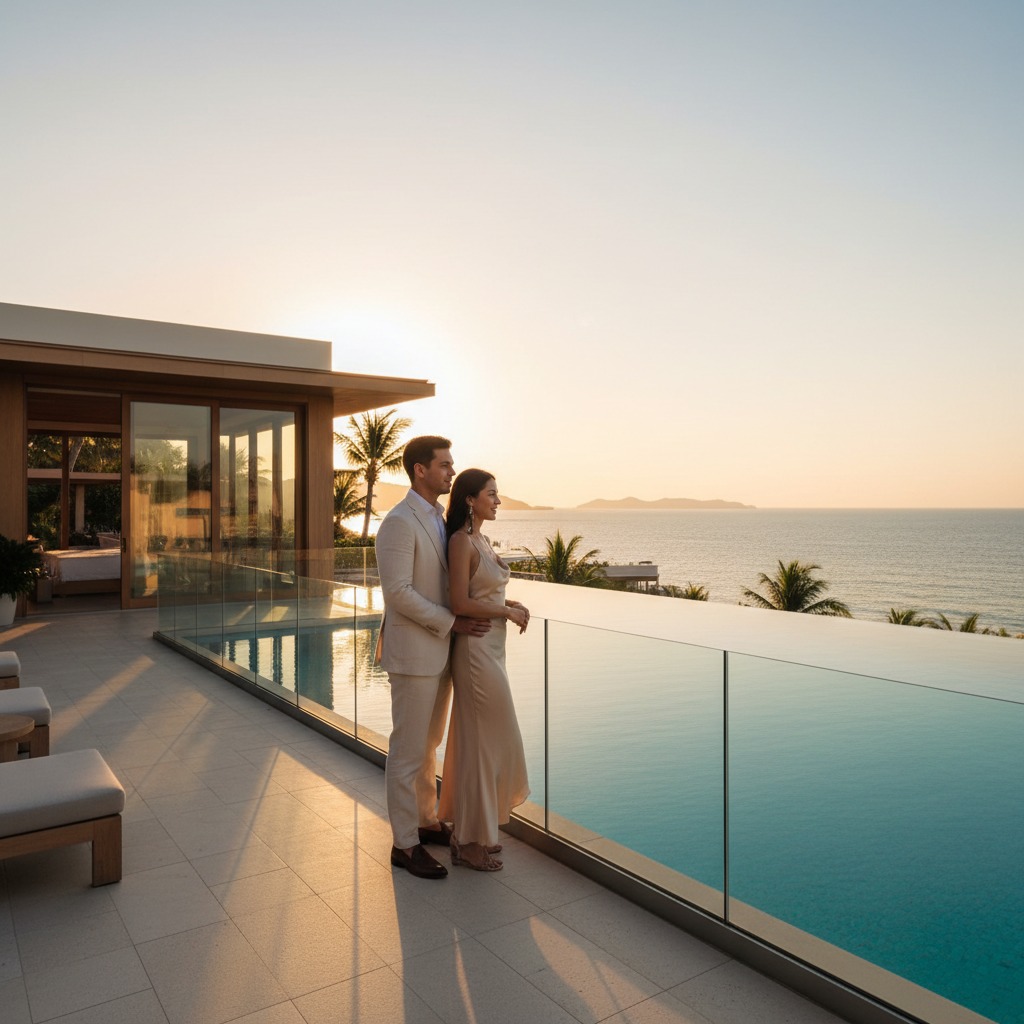 Una pareja elegante disfrutando de un resort de lujo frente al mar, de pie en una terraza con vistas al océano y una piscina infinita; ambiente romántico y relajado, arquitectura moderna, luz cálida de atardecer, tonos naturales, estilo fotografía realista de alta calidad, encuadre horizontal amplio, sin texto ni logotipos.